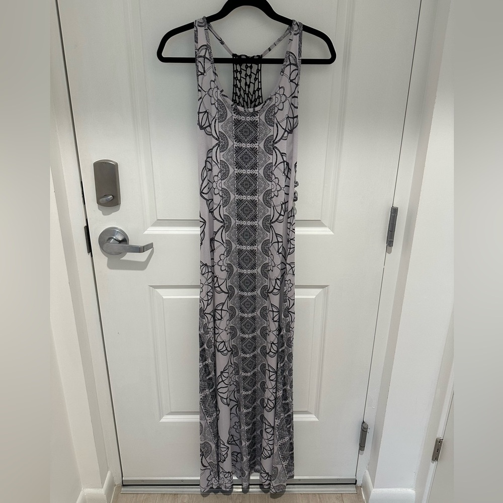 Women’s maxi dress, light grey/purple and black, knit back, size small